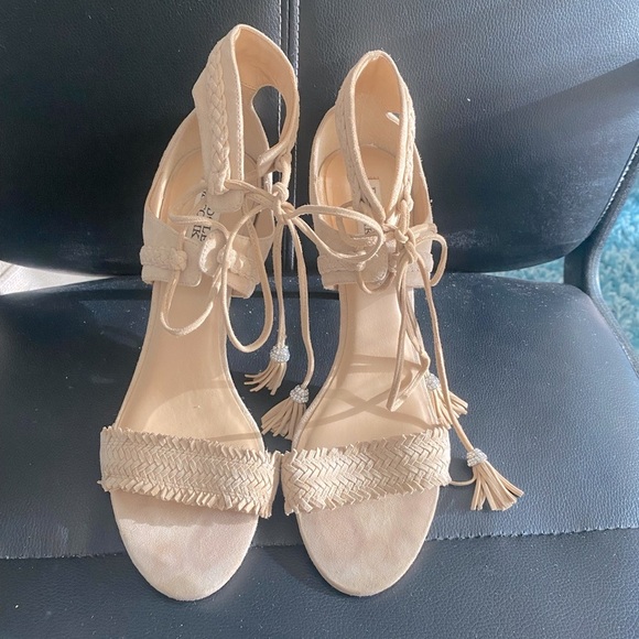 BADGLEY MISCHKA BOMBAY Stiletto Heeled Suede Sandals Nude/Cream Size 10 - Picture 4 of 13